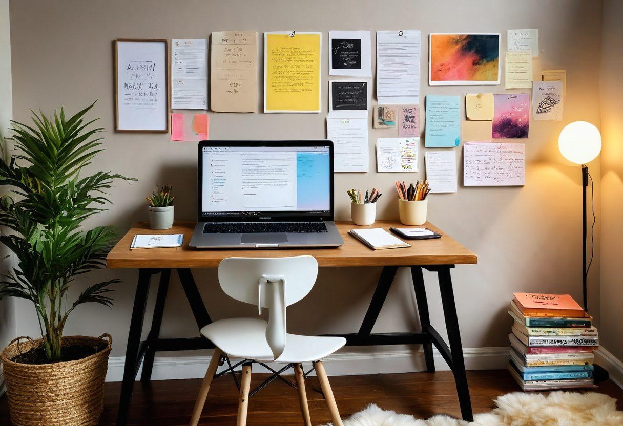 A serene workspace with an elegant laptop displaying an open digital diary, surrounded by colorful notes and art supplies. The scene includes a cozy chair, warm ambient lighting, and inspiring quotes on the wall, invoking creativity and reflection. The overall atmosphere should feel inviting and artistic, with a blend of modern technology and classic journaling. super-realistic. vibrant colors. cozy atmosphere.