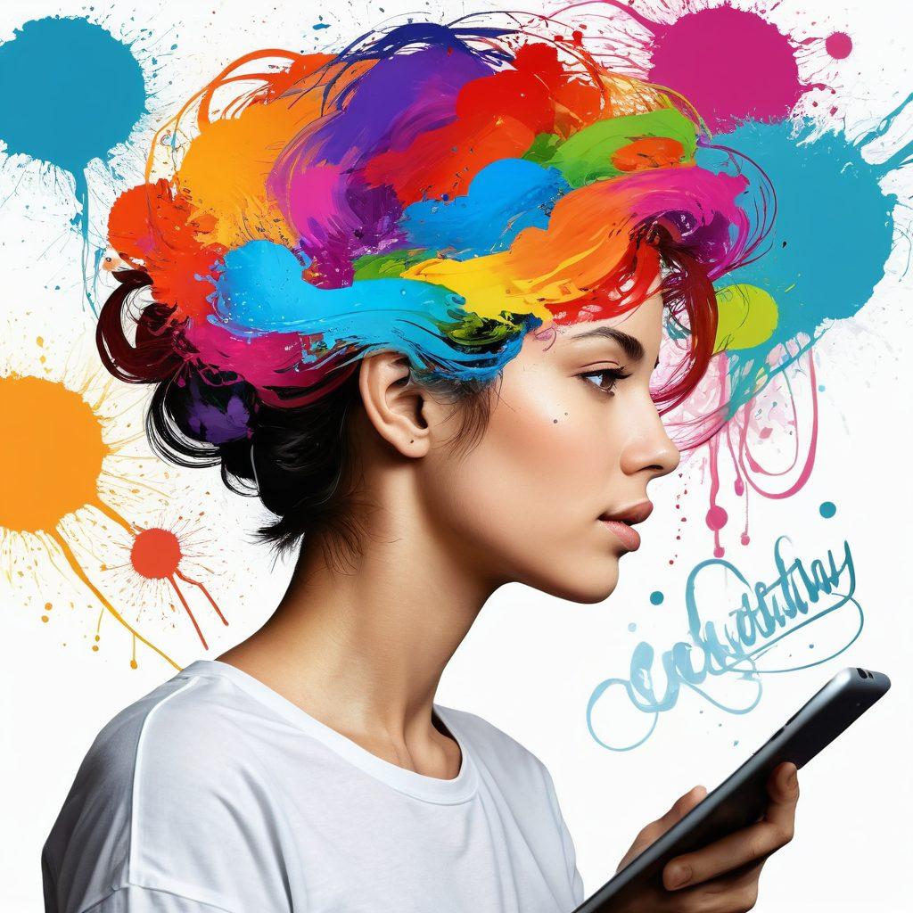 An open online journal filled with colorful sketches and vibrant words swirling around a person's head, showcasing a creative flow of thoughts transforming into art. The background features a dreamy landscape with paint splashes and thought bubbles, symbolizing creativity and expression. Include a digital tablet and stylus to emphasize the online aspect. super-realistic. vibrant colors. white background.