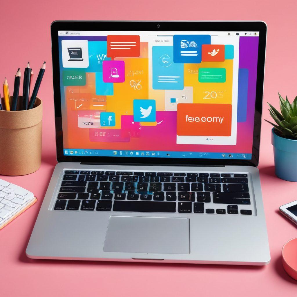 A vibrant digital collage showcasing a laptop displaying a blog interface, overflowing with colorful, engaging charts and graphics. Surround the laptop with diverse people interacting with the content, filled with expressions of curiosity and inspiration. Include elements like social media icons and engaging testimonials to represent community feedback. The background should have a gradient of warm colors to evoke a friendly and inviting atmosphere. super-realistic. vibrant colors. 3D.